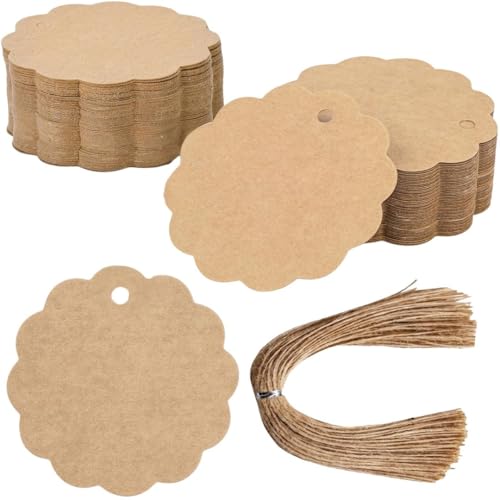 Image of CVANU Brown Kraft Paper Hanging Circle Shaped Tags (300pcs) with Jute Twine for Wedding| Write Blessings| Thanksgiving| Gift Decor (2.3inch X2.4inch)