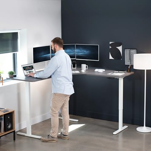 Image of VIVO Dark Gray 71 x 71 in Corner Standing Desk, DESK-KIT-E3CWG | Electric, Triple Motor, Holds 264 lbs, Sit Stand L-Shaped Table, Height Adjustable, Memory Presets, E3C Series, White Frame