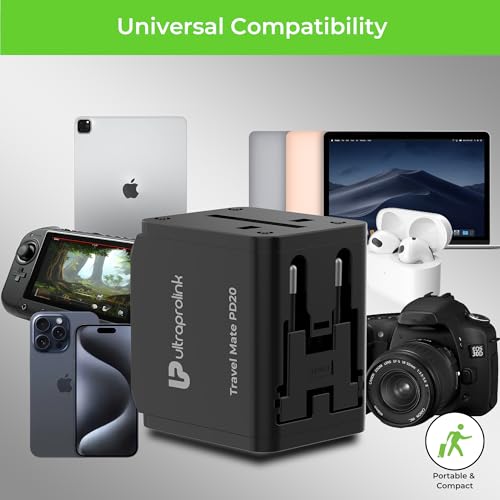 Image of UltraProlink International All in One Universal Travel Adapter|20W Charger|USB-A + Type C Port|PD3.0 Support|1500W|for Mobile, Tablets, Cameras |UM1189|Travel Mate PD20|Black