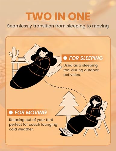 Bolsa de dormir ponible para adultos con capucha, diseño sin mangas, cordón ajustable y cierre impermeable ideal para camping y clima frío miniatura 6