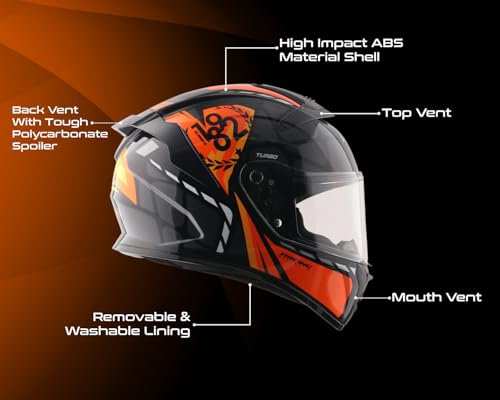 Image of Vega VF 10 Turbo Squad Full Face Riding Helmet with Shock-Absorbing Liner, Dual Tone Design, Lightweight Build, Aerodynamic Fit, Ventilated Interior, and Modern Black Orange Styling Black Orange -M