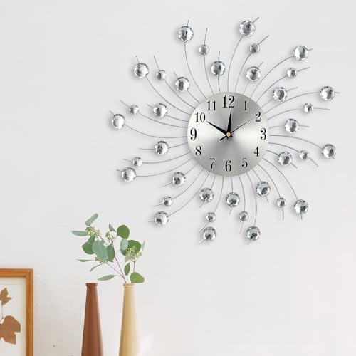 Image of Youyijia 45cm Crystal Wall Clock for Living Room Battery Operated Silent Non-ticking Modern Clock for Bedroom Kitchen Home Decor Silver