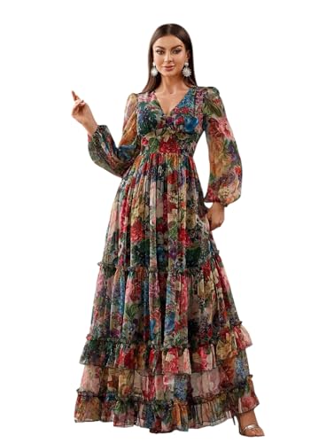 Image of LITZO Women's One Piece Dress - Georgette Floral Printed Western Gown | Long Sleeve V Neck Fit & Flare Flared Hem Design | A-Line Maxi Dress for Women | New Year Party Outfit (NO-29-31)