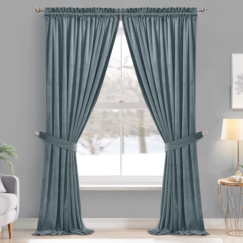 StangH Super Soft Luxury Velvet Curtains - Room Darkening Stone Blue Velvet Curtains Thermal Noise Reducing Window Decorative Drapes for Hall/Apartment, W52 x L84, 2 Panels - Thumbnail 2