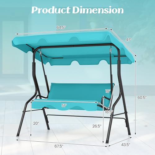 Image of Tangkula 3 Person Porch Swing, Patio with Removable Cushion & Powder-Coated Steel Frame, Outdoor Swing with Canopy for Porch, Backyard, Garden, Balcony (Turquoise)