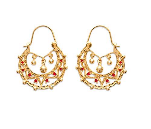 Créoles en Plaqué Or Style Gitane Baroque avec Oxyde de Zirconium Rouge Rubis