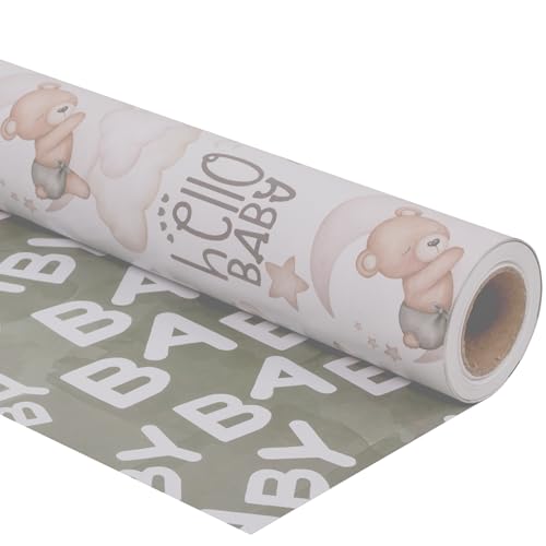 Dtiafu Reverible Baby Shower Wrapping Paper Roll Baby Gift Wrap Sheets with Green Brown Bear Airplane and Baby Words Pattern for Girls Boys Wedding Neutral Baby Shower Birthday Party - Total 28.5sq.ft