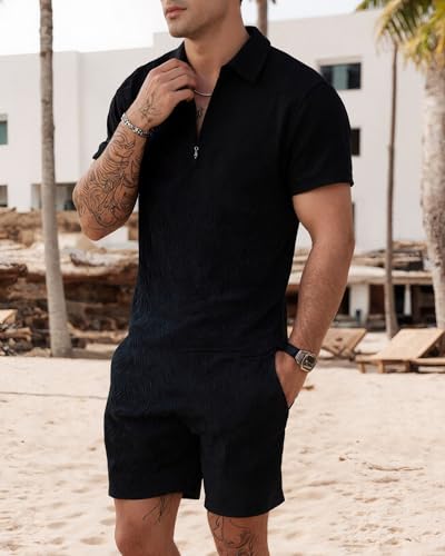 Short Sets for Men 2 Piece Lounge Set Solid Zipper Shirt and Stretch Shorts3