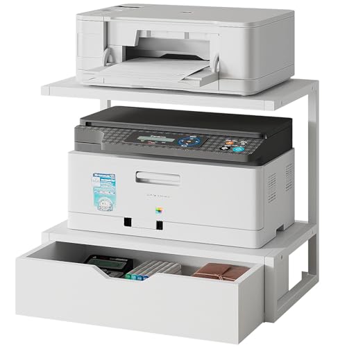 IBUYKE 2 Tier Desktop Printer Stand,Printer Table with Storage Shelf,Multi-Purpose Desk Organizer for Folders,Books,for Fax Machine, Scanner,Home Office,White TLJ015W