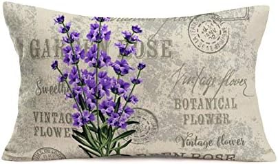 Fukeen Vintage Flower Lavender Throw Pillow Covers Decorative French Country Stamp with Violet Bouquet Pillow Cases Cotton Linen Burlap Lumbar Cushion Cover Rectangle 12x20 Inches, Grey Purple