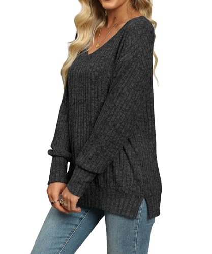 Image of Womens Sweaters V Neck Long Sleeve Shirts Loose Casual Fall Fashion Sweatshirts