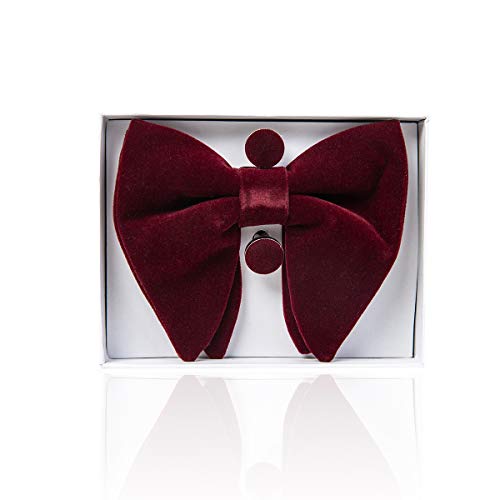 Mens Wedding Bow Tie and Pocket Square Cufflink Sets Velvet Pre-tied Burgundy Wine Bow Ties (0571-14)