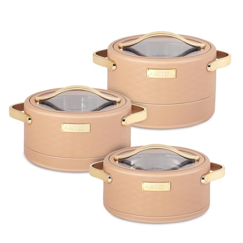 Image of JAYPEE Luxura Klass Set Inner Steel Serving Painted Casserole Set Of 3 Toughened Glass Lid Advanced PU Insulated 100% Food Grade Lockable Hot Box Easy To Keep Roti,Pulao & More|1500,2000,2500 Ml,Brown