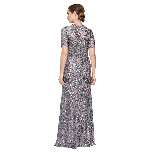 Alex Evenings Women's Long Length A-line Sequin Lace V-Neck Mother of The Bride Dress, Formal Event Gown with Short Sleeves3