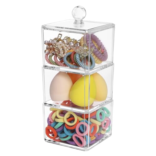 LOHRYVIO Hair Accessories Organizer for Girls, 3 Stackable Storage Containers with Lids, Acrylic Clear Vanity Bathroom Containers, Hair Tie Holder