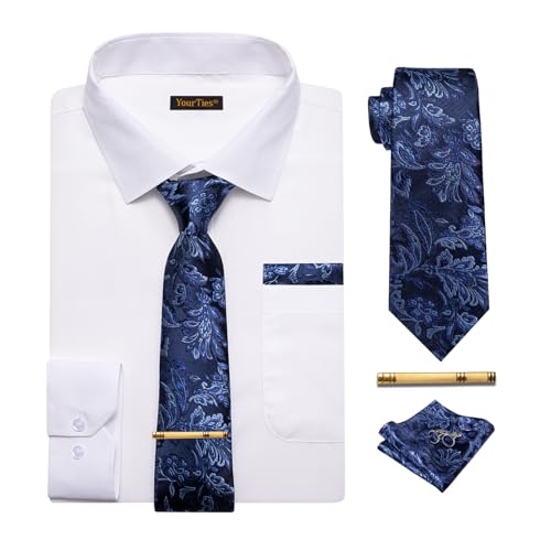 YourTies White Mens Dress Shirt and Tie Set Button Down Shirts with Tie Long Sleeve...