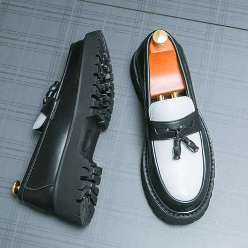 Fashion Chunky Platform Penny Loafers for Men's with Decoration Luxury Round Toe Slip-On Block Heel Business Dress Shoes Daily Non-Slip Lug Sole Casuals (Black White-A,9.5) by IOHSIGMGG - Used condition - Image 3