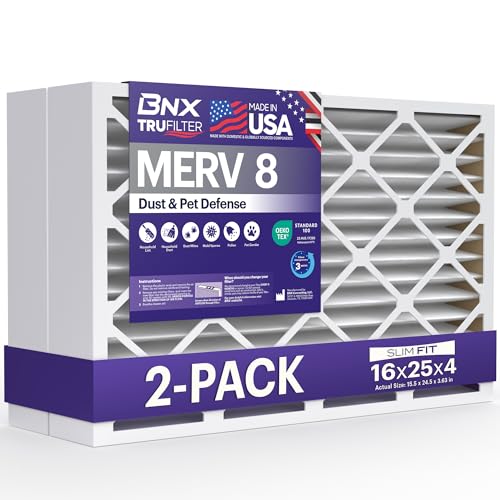 Image of BNX TruFilter 16x25x4 (15.5'' x 24.5'' x 3.63'' Slim Fit) MERV 8 Air Filter 2-Pack - MADE IN USA - Air Conditioner Furnace Filters HVAC AC Furnace Filters for Dust, Pet, Mold, Pollen MPR 600-700 FPR 5