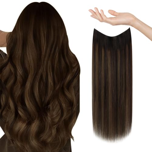 Sunny Wire Hair Extensions Real Human Hair Fish Line Human Hair Extensions Invisible Wire Extensions Dark Brown to Light Brown with Dark Brown #2/2/6 14 Inch