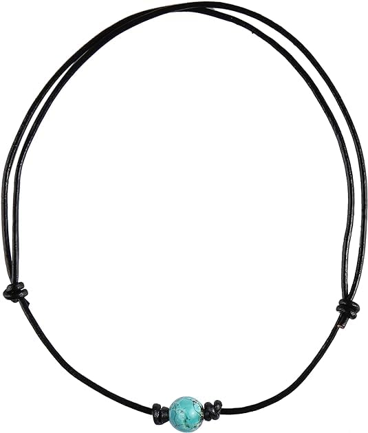 Single Turquoise Choker Necklace on Black Leather Cord for Men/Women