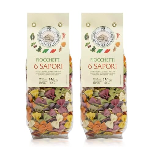 Morelli Fioccchetti 6 Sapori - Italian Pasta 6 Flavor Bowties Naturally Flavored with Black Carrot, Beetroot, Spinach, Tumeric, and Red Chilli - 8.8oz (250g) - pack of 2