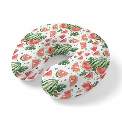 PUXTKE DAZQW Neck Pillow for Travel,Summer Watermelon Monstera Memory Foam U Shaped Pillows,Portable Headrest Watercolor Fruit Heart Neck Head Support Cushion for Home Office Car Airplane Sleeping