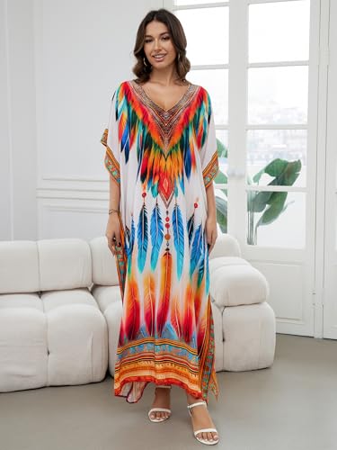 Image of IMAGEKOPE Women's Plus Size Loose Fit Moroccan Print V-Neck Batwing Kaftan Beach Dress Bathing Suit Cover Up