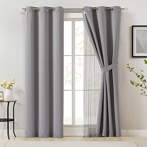 Image of Bujasso Grey 90% Blackout Curtains with Sheer Overlay Mix and Match Double Layer Window Curtains Thermal Insulated 95 inch for Living Room Bedroom Gray Drapes with Tiebacks Grommet Top 37 inch Wx95 Lx2