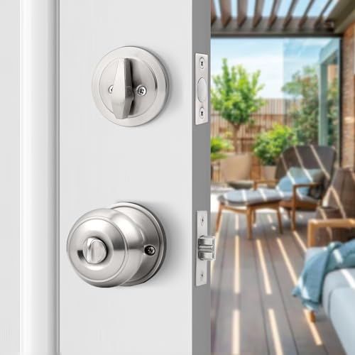 Probrico DL609ET-101SN-COMBO 1PACK Keyed Alike Round Ball Entry Door Knob And Single Cylinder Deadbolt Set, Satin Nickel thumb #2