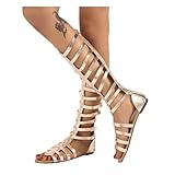 BORAMAX Sandals for Women Summer Flat Roman Sandals Knee High Boots Retro Gladiator Sandals Open Toe Lace Up Platform Heels Shoes