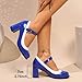 Women's Leather Chunky Mary Janes High Heel Closed Toe Round Toe Retro Dress Wedding Shoes Blue