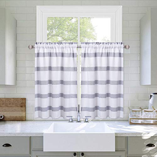 Haperlare Navy Blue Striped Cafe Curtains 36 Inches Length, Farmhouse Waffle Weave Textured Rod Pocket Short Tier Curtains For Kitchen Yarn Dyed Stripe Window Treatment Decor Curtains, Set Of 2 #TOP1
