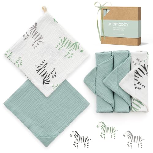 Image of Momcozy Soft & Absorbent Baby Washcloths - 4 Layer Design| Medium Thickness| Premium Cotton for Newborns' Skin-Great for Bathing, Wiping & on-The-go Use, Shower Gift and Essential(5 Pack, 10x10 inch)