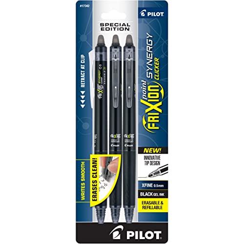 Pilot, FriXion Synergy Clicker Erasable, Refillable, Retractable Gel Ink Pens, Extra Fine Point 0.5 mm, Pack of 3, Black