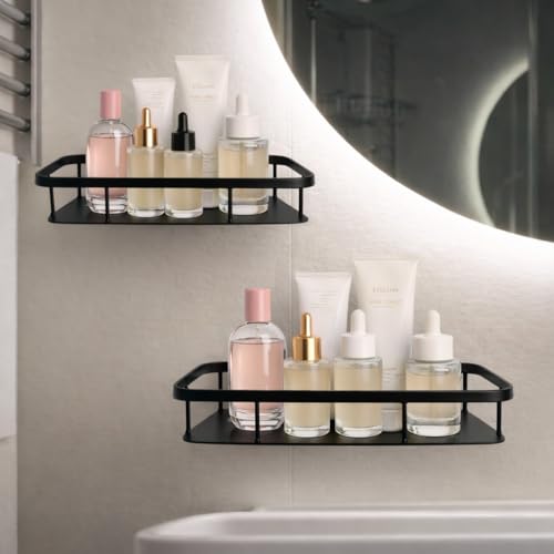 Image of Self Adhesive Bathroom Organiser Without Drill, Stainless Steel Wall Shelf Rack, Kitchen Sink Organizer, Bathroom Storage Holder, Rustproof Shelf (Black, Pack of 2)