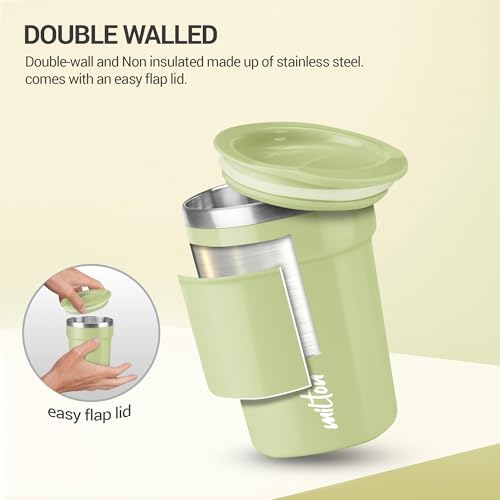 Image of MILTON Cool Touch Deccan Coffee Mug 350 Double Walled 330 ml Inner Stainless Steel Tea Mug with Lid, Coffee Mug Travel Tea Cup, Black Coffee, Tea Cup Single, Green
