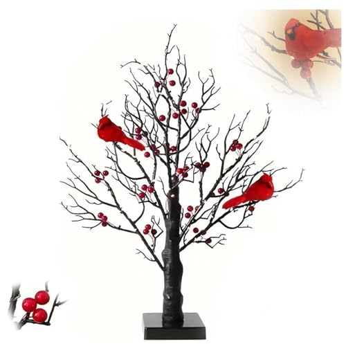 Árbol vintage luminoso con cardenales, lámpara con ramas iluminadas que funciona con pilas, ambiente otoñal encantador, decoración navideña para el hogar y decoración de temporada. (1 set)