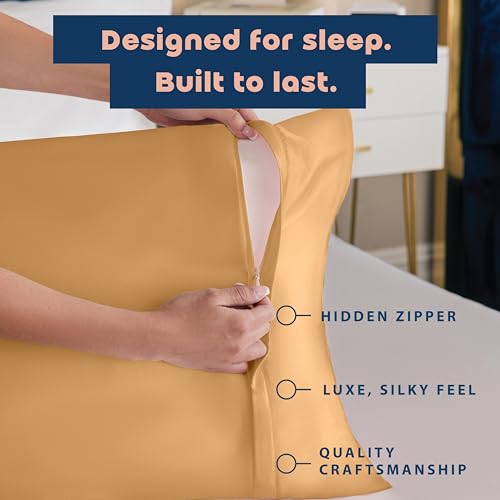 Image of BLISSFORD Satin Pillowcase with Zipper, for Hair and Skin Care, Feels Soft and Cool Like a Silk Pillowcase, Gold Satin Pillow Cases 2 Pack, Slik Pillow Cover, Queen Size - Set of 2