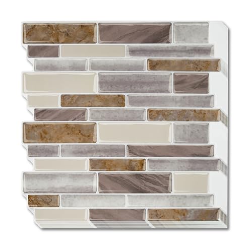 SUBTLETY 3D PVC Wandpaneele Abziehen & Aufkleben Klebefliesen 30x30cm Selbstklebend Fliesenaufkleber 10 Stück Spritzschutz Marmorfliesen-Optik Klebefliesen für Küche Bad Büro (Braun)
