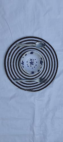 Image of Cotton Rope Placemats, Round Red with White Border, Set of 4, Heat Resistant Table Mats (Blue White)