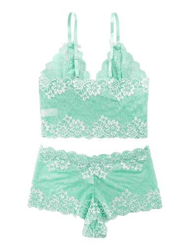 Image of Lilosy Sexy Lingerie for Women Lace Pajamas Set Cami Bra and Panty High Waist Sheer Sleepwear 2 Piece 2XS-6XL