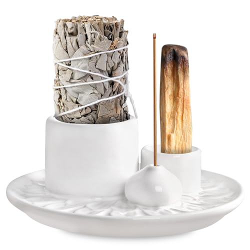 Soporte para incienso 4 en 1, cuenco de incienso para cada incienso, soporte de palo santo, soporte para incienso de cerámica, soporte para varillas de incienso, salvia blanca para ahumar para yoga,