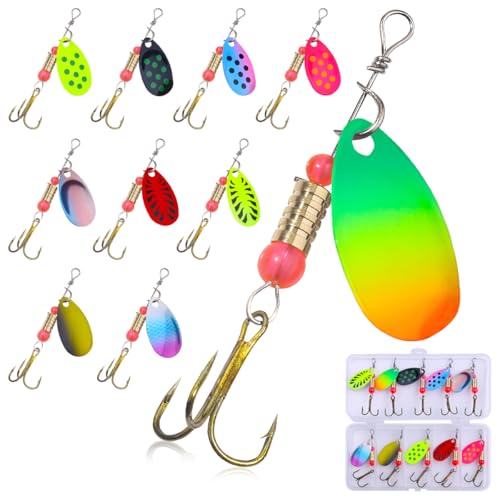 Juego de Señuelos de Pesca con Cucharas, WASAGA 10 Piezas Kit de Cebo de Pescado Giratorio de Metal Multicolor para Trucha Lucio Lubina Salmón con Caja de Almacenamiento