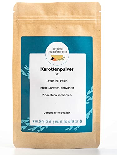 Karottenpulver aus dehydrierten Karotten ohne Zusatzstoffe von der Bergischen Gewürzmanufaktur. Inhalt: 250 Gramm