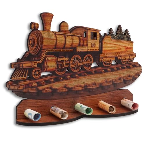 DRO Design Geldgeschenke, Geschenkverpackung Holz-Optik Lokomotive Zug Motiv – Bargeldgeschenk, Geldpräsent, Kreatives Geldgeschenk, Geburtstag, Hochzeit, Weihnachten