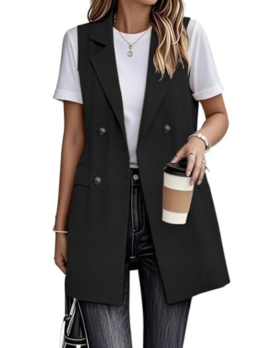 IDEALSANXUN Long Vest for Women Sleeveless Linen Blazer Suit Jackets 2026 Spring Summer Lightweight Trench Coat Outerwear Waistcoat, Black, L