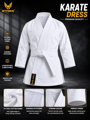 Image of STYRKR Premium Karate Uniform for Kids & Adults | White Karate Gi Suit with Belt | Martial Arts Training Dress | Cotton Karate Costume for Boys & Girls