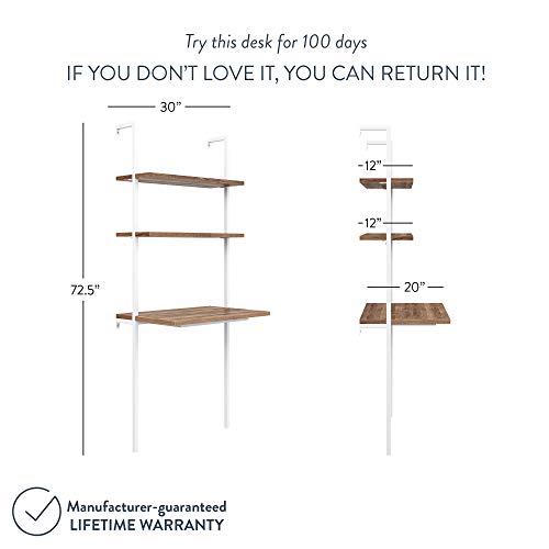 Nathan James Theo 2-Shelf Industrial Wall Mount Ladder, Small Computer or Writing Desk, Rustic Oak/White