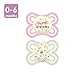 MAM Perfect Night Baby Pacifier, Patented Nipple, Glows in The Dark, 2 Pack, 0-6 Months, Girl, Designs May Vary