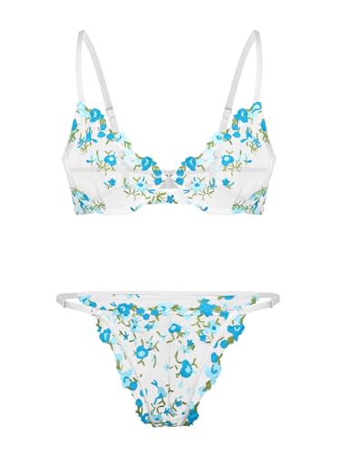Image of Lilosy Sexy Floral Embroidered Mesh Sheer Underwire Lingerie Set